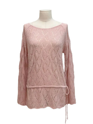 Iri Yeori Loose Fit Vintage Punching Ribbon Strap Boat Neck Long Sleeve Boucle Knit