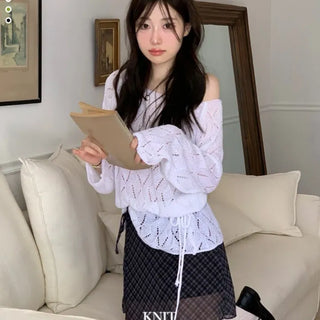 Iri Yeori Loose Fit Vintage Punching Ribbon Strap Boat Neck Long Sleeve Boucle Knit