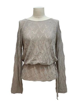 Iri Yeori Loose Fit Vintage Punching Ribbon Strap Boat Neck Long Sleeve Boucle Knit