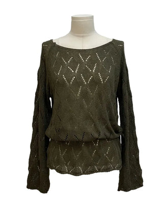 Iri Yeori Loose Fit Vintage Punching Ribbon Strap Boat Neck Long Sleeve Boucle Knit