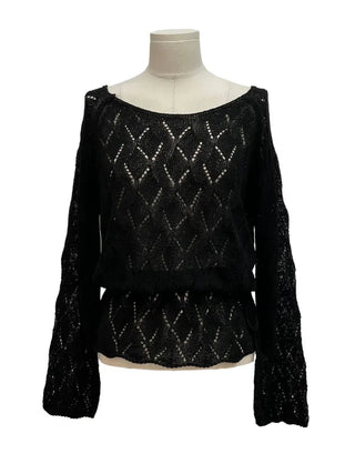 Iri Yeori Loose Fit Vintage Punching Ribbon Strap Boat Neck Long Sleeve Boucle Knit