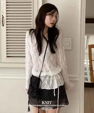 Iri Yeori Loose Fit Vintage Punching Ribbon Strap Boat Neck Long Sleeve Boucle Knit