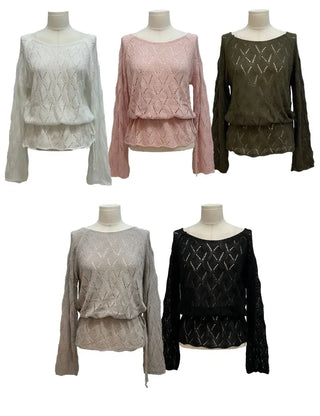 Iri Yeori Loose Fit Vintage Punching Ribbon Strap Boat Neck Long Sleeve Boucle Knit