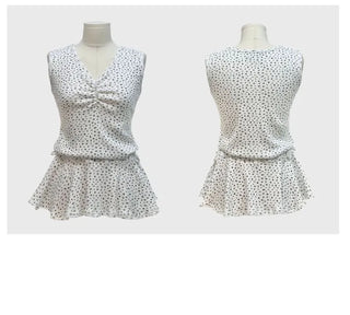 Seasoned shirring vintage flower ribbon strap sleeveless bustier layered flare mini dress