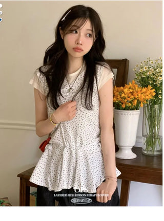 Seasoned shirring vintage flower ribbon strap sleeveless bustier layered flare mini dress