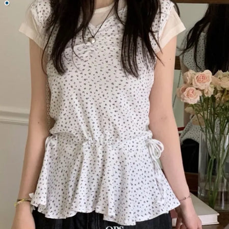 Seasoned shirring vintage flower ribbon strap sleeveless bustier layered flare mini dress