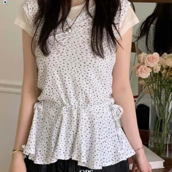 Seasoned shirring vintage flower ribbon strap sleeveless bustier layered flare mini dress