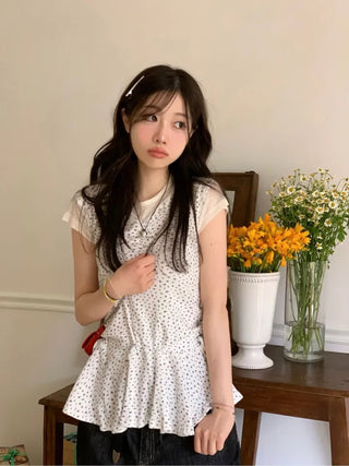 Seasoned shirring vintage flower ribbon strap sleeveless bustier layered flare mini dress