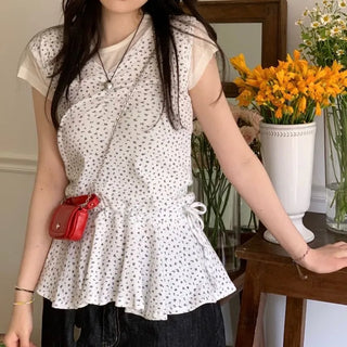 Seasoned shirring vintage flower ribbon strap sleeveless bustier layered flare mini dress