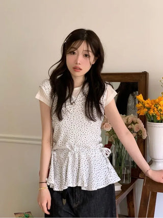 Seasoned shirring vintage flower ribbon strap sleeveless bustier layered flare mini dress