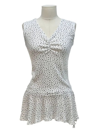 Seasoned shirring vintage flower ribbon strap sleeveless bustier layered flare mini dress