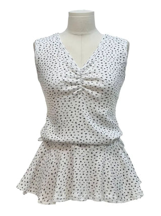 Seasoned shirring vintage flower ribbon strap sleeveless bustier layered flare mini dress