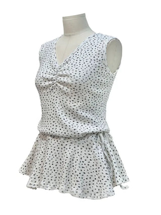 Seasoned shirring vintage flower ribbon strap sleeveless bustier layered flare mini dress