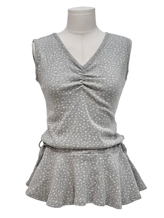 Seasoned shirring vintage flower ribbon strap sleeveless bustier layered flare mini dress
