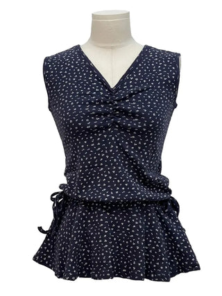 Seasoned shirring vintage flower ribbon strap sleeveless bustier layered flare mini dress