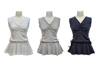 Seasoned shirring vintage flower ribbon strap sleeveless bustier layered flare mini dress