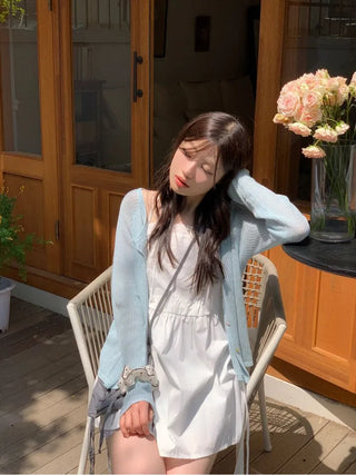 Poine linen delicate loose fit mother-of-pearl button long sleeve knit cardigan