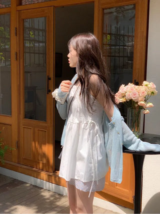 Poine linen delicate loose fit mother-of-pearl button long sleeve knit cardigan