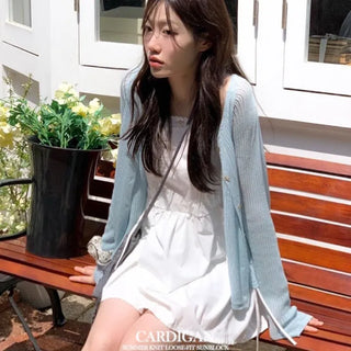 Poine linen delicate loose fit mother-of-pearl button long sleeve knit cardigan