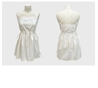 Pure cotton bustier with lace punching ribbon strap pintuck and sleeveless mini dress with lace and ribbon strap pintuck