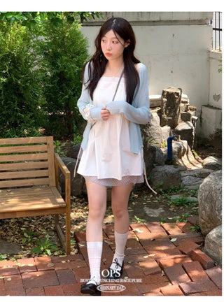 Pure cotton bustier with lace punching ribbon strap pintuck and sleeveless mini dress with lace and ribbon strap pintuck
