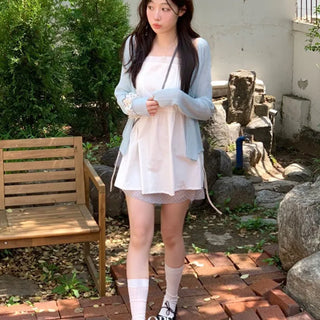 Pure cotton bustier with lace punching ribbon strap pintuck and sleeveless mini dress with lace and ribbon strap pintuck