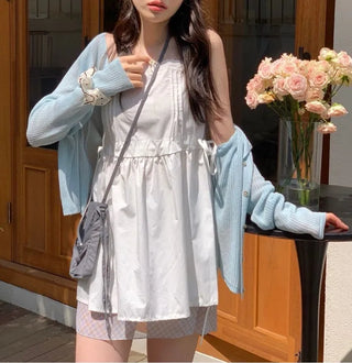 Pure cotton bustier with lace punching ribbon strap pintuck and sleeveless mini dress with lace and ribbon strap pintuck