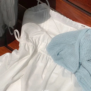 Pure cotton bustier with lace punching ribbon strap pintuck and sleeveless mini dress with lace and ribbon strap pintuck