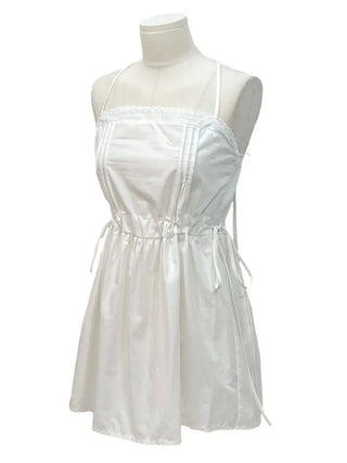Pure cotton bustier with lace punching ribbon strap pintuck and sleeveless mini dress with lace and ribbon strap pintuck