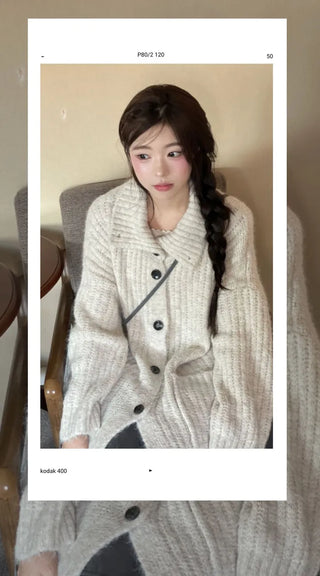 Aoto high neck collar two-way button loose fit long cardigan