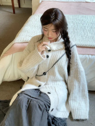Aoto high neck collar two-way button loose fit long cardigan
