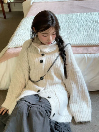 Aoto high neck collar two-way button loose fit long cardigan