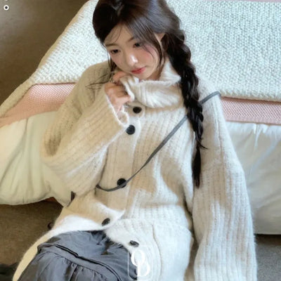 Aoto high neck collar two-way button loose fit long cardigan