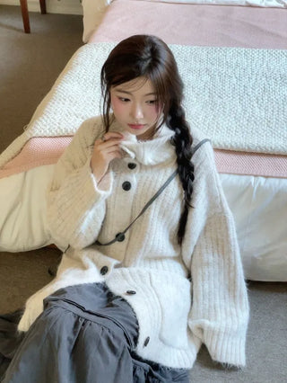 Aoto high neck collar two-way button loose fit long cardigan