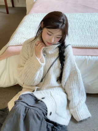 Aoto high neck collar two-way button loose fit long cardigan
