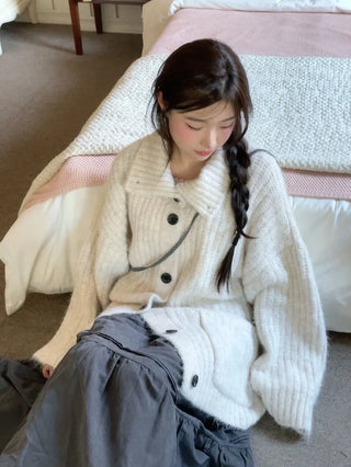 Aoto high neck collar two-way button loose fit long cardigan