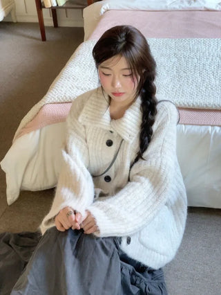 Aoto high neck collar two-way button loose fit long cardigan