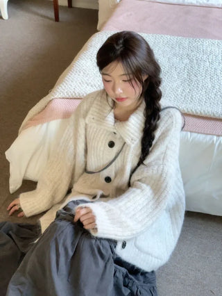 Aoto high neck collar two-way button loose fit long cardigan
