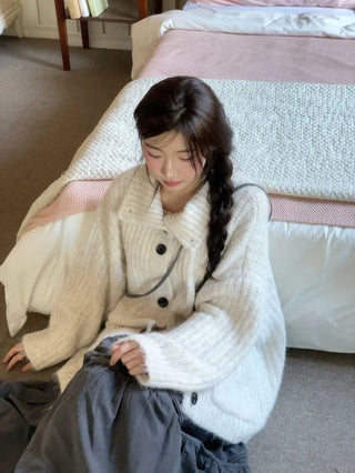 Aoto high neck collar two-way button loose fit long cardigan
