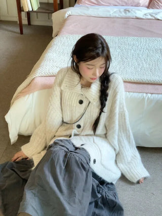 Aoto high neck collar two-way button loose fit long cardigan