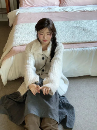 Aoto high neck collar two-way button loose fit long cardigan