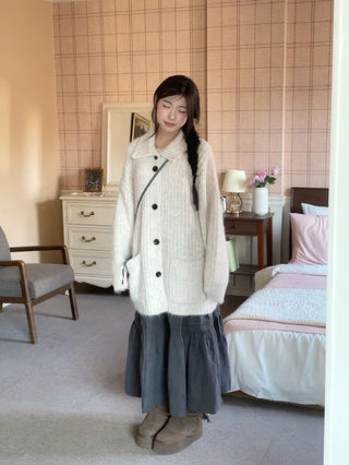 Aoto high neck collar two-way button loose fit long cardigan