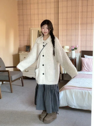 Aoto high neck collar two-way button loose fit long cardigan