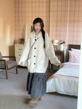 Aoto high neck collar two-way button loose fit long cardigan