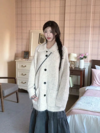 Aoto high neck collar two-way button loose fit long cardigan