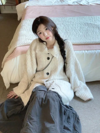 Aoto high neck collar two-way button loose fit long cardigan