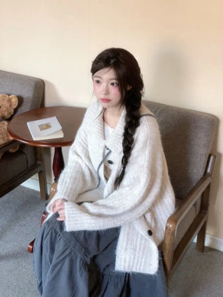Aoto high neck collar two-way button loose fit long cardigan