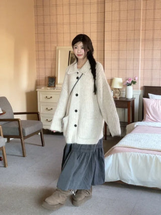 Aoto high neck collar two-way button loose fit long cardigan