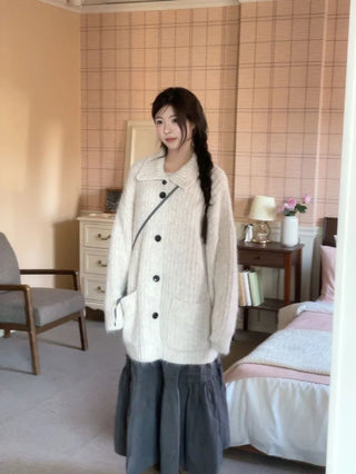 Aoto high neck collar two-way button loose fit long cardigan