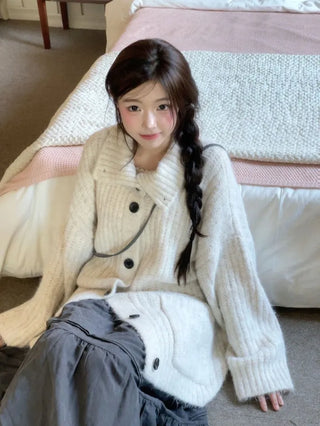 Aoto high neck collar two-way button loose fit long cardigan